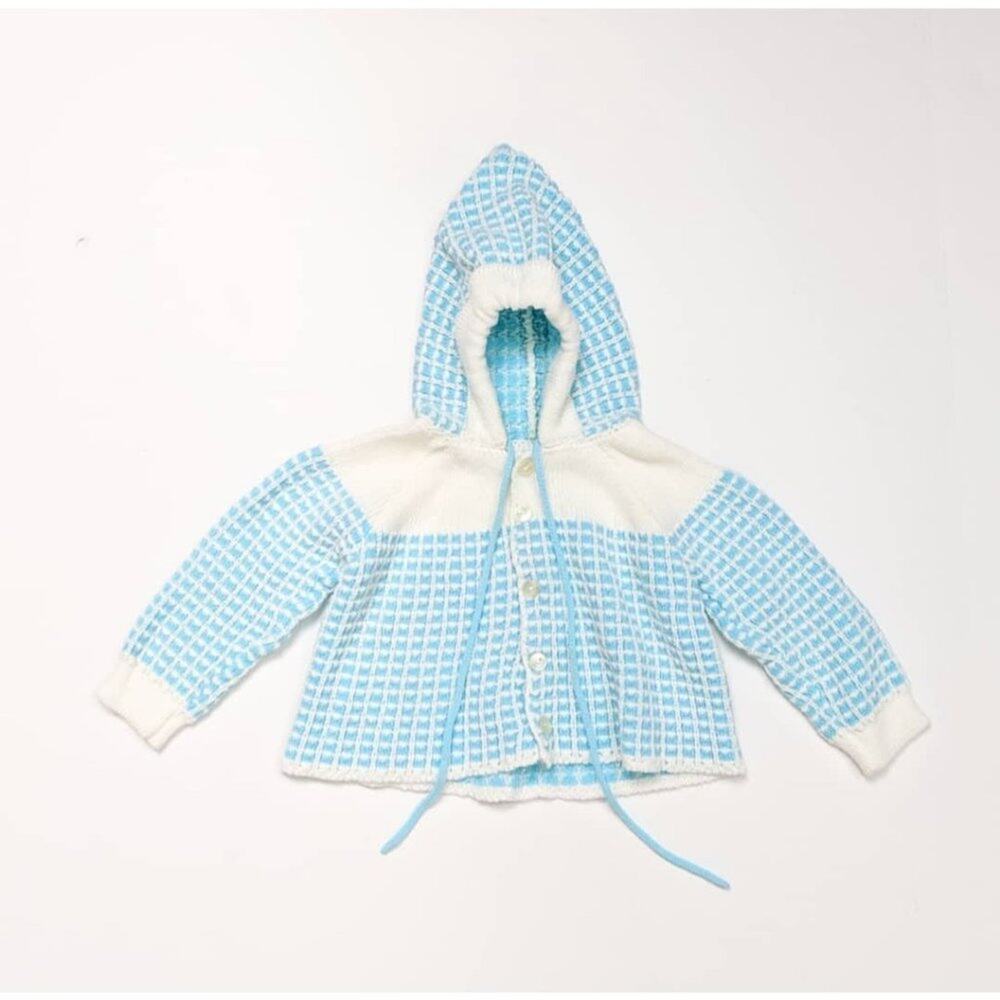 Vintage Marshall Fields Hoodie Sweater Baby Sz 0-6m Blue Knitted 60s